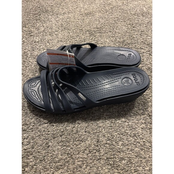 Crocs Rubber Rhonda Women Sandals Size 11 Navy Blue Wedge Slip On Slides - Picture 3 of 9